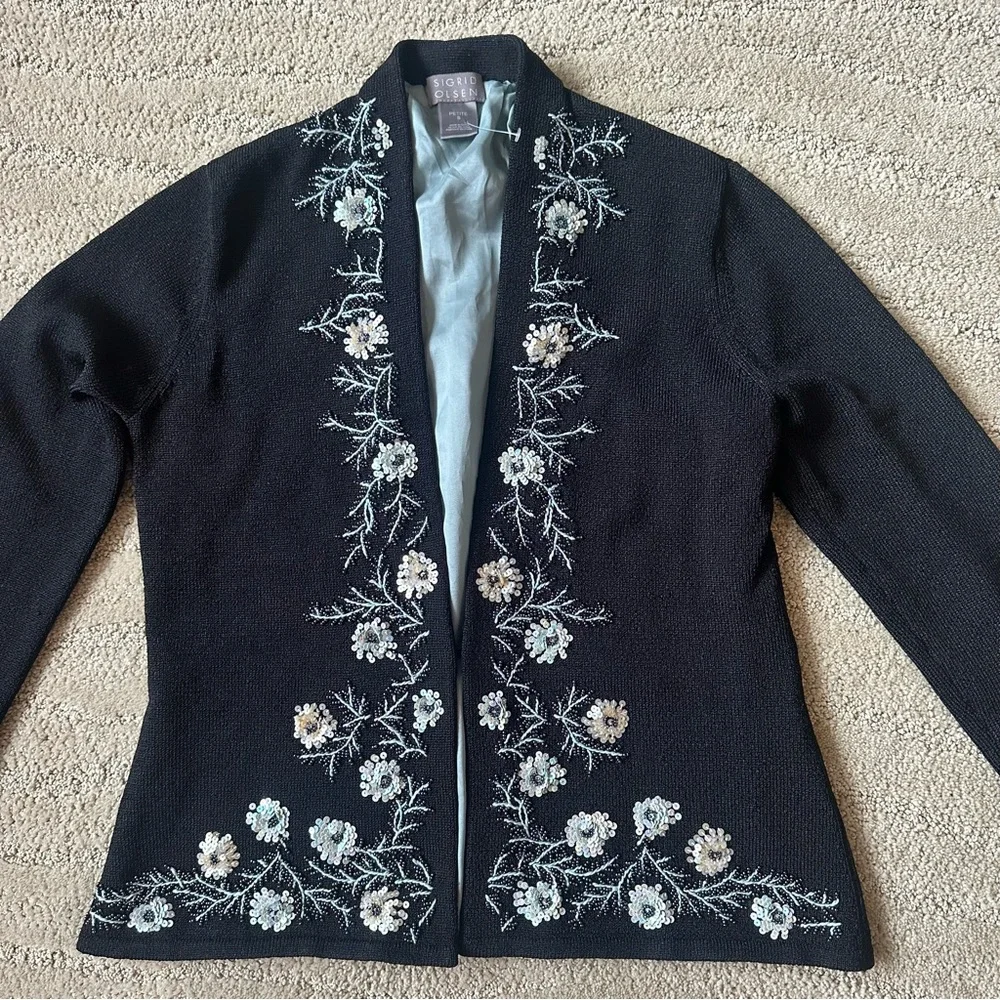 Sigrid Olsen Floral Parisian Party Beaded Sequin Cardigan Sweater Black Size SP